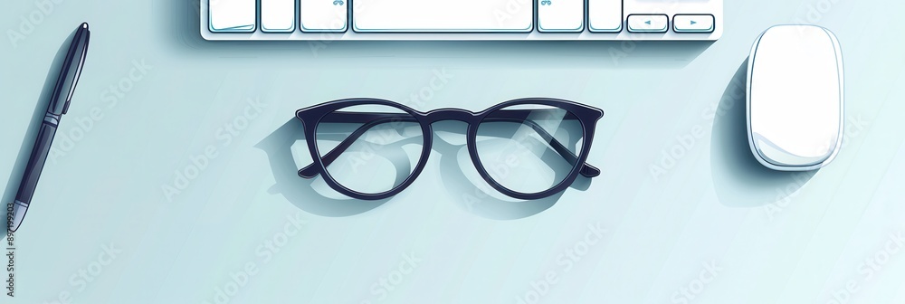 Leinwandbilder black eyeglasses rest on a clean, light blue desk with a keyboard and a computer mouse to the side. 