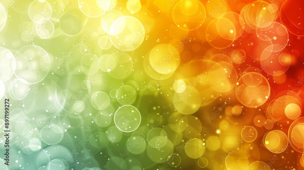 Poster Colorful bokeh background with a gradient effect, blending various hues from green to yellow to red.