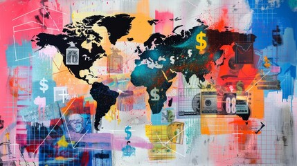 A vibrant and dynamic painting depicting the concept of global business financial growth