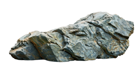 A large rock with a jagged edge sits on a white background