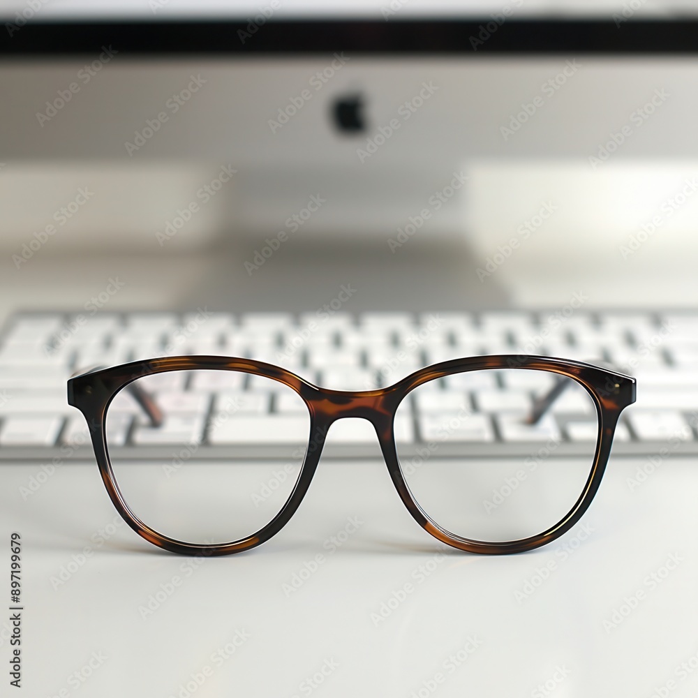 Aufkleber a pair of tortoiseshell eyeglasses rest on a white computer keyboard in front of a blurred computer 