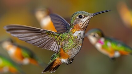 Fototapeta premium A colorful hummingbird hovers with wings spread, showcasing its vibrant feathers with blurred background accentuating its beauty and motion.