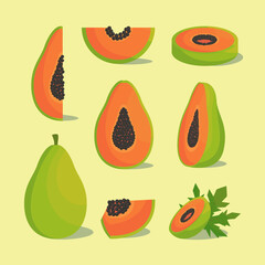 Vector illustration of whole and sliced ​​fresh papaya fruit