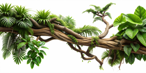 twisted jungle branch growing plants on a transparent background