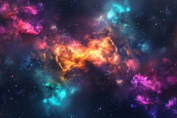 Naklejka premium This photo captures a vibrant space teeming with a multitude of stars, creating a mesmerizing visual spectacle, Exaggerated nebulosity of a dwarf galaxy in rainbow colors, AI Generated