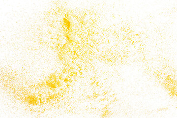 Turmeric powder pile scattered isolated on white background, flying