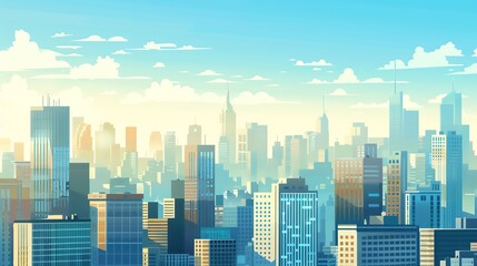 Cartoon illustration of a city skyline at sunrise.