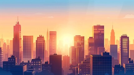 Fototapeta premium A cartoon illustration of a cityscape at sunset.