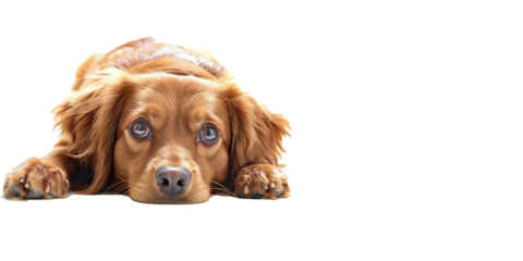 A brown dog is laying on a white background