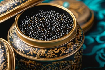 A detailed view of a solitary black bead resting inside a metal container, Exclusive Beluga caviar in an ornate tin, AI Generated