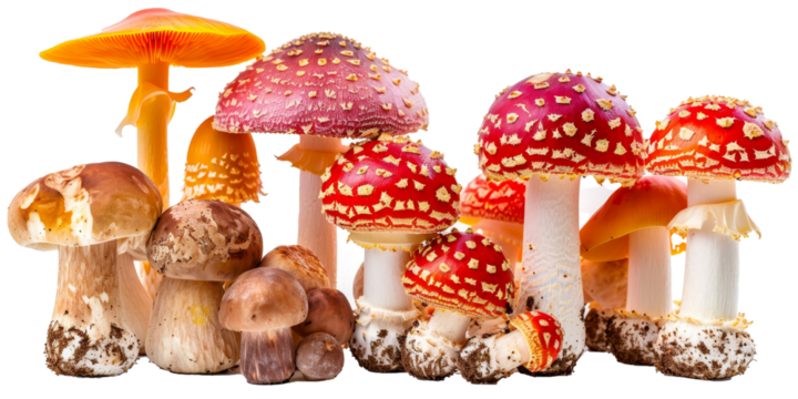 A row of mushrooms with some of them being red and some of them being brown