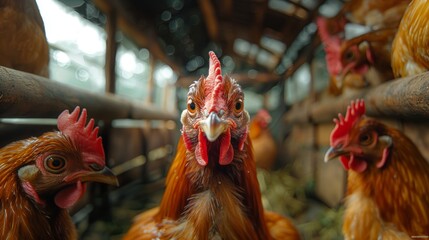 A close-up view of several chickens inside a coop, highlighting their detailed features and creating a sense of busyness and life in the barn.