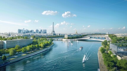 Fototapeta premium View of the Paris 2024 Olympics sailing venue on the Seine, with Paris landmarks in the distance.