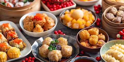 Assorted traditional Mid-Autumn Festival foods on table.
