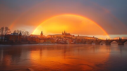 Fototapeta premium A stunning view of a city at sunset with a striking rainbow arcing across the sky, illuminating historic buildings with a golden glow.