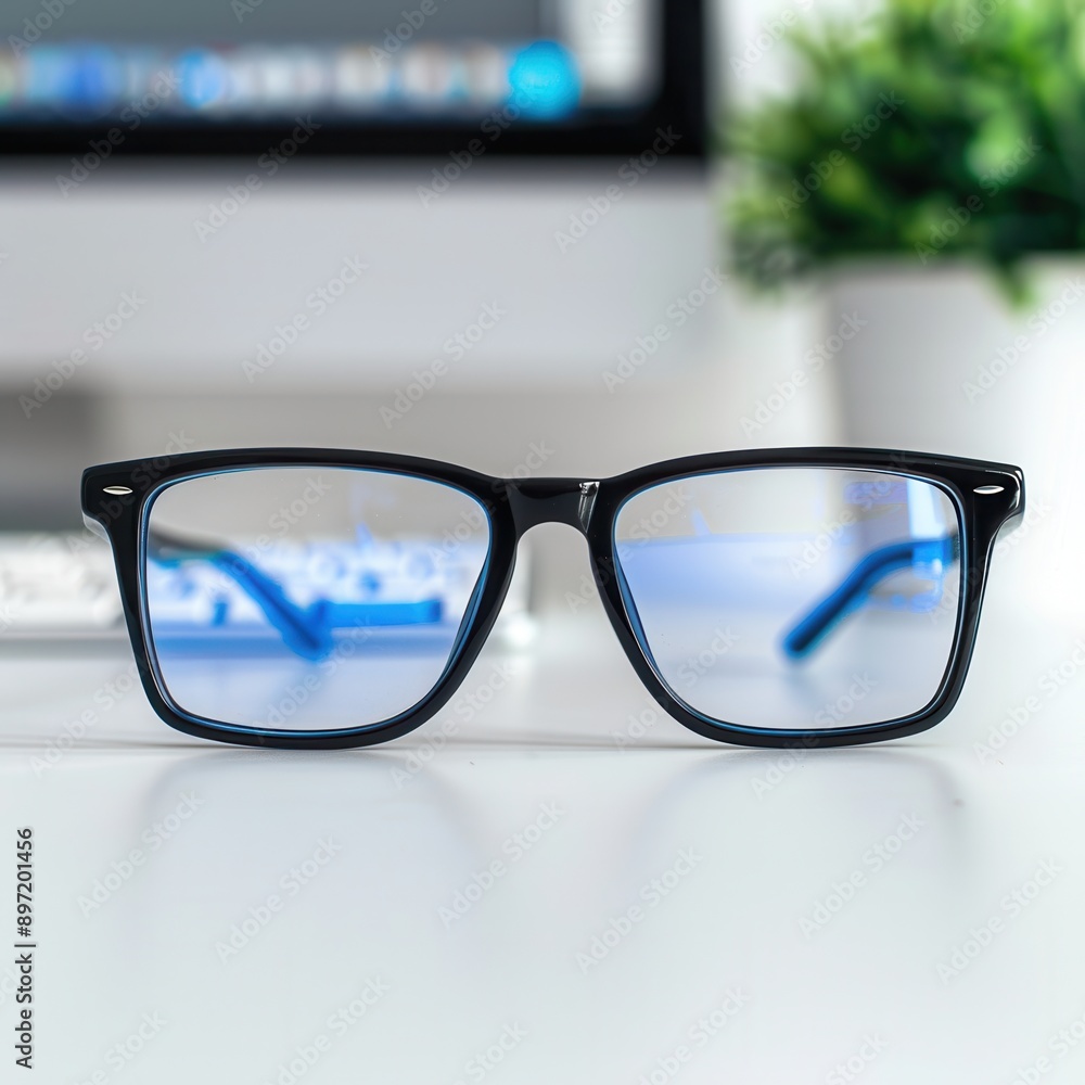 Poster a pair of black eyeglasses rest on a white desk with a computer screen and keyboard out of focus in 