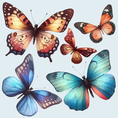 set with a variety of bright butterflies in a watercolor style