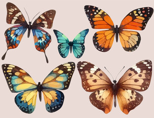 set with a variety of bright butterflies in a watercolor style