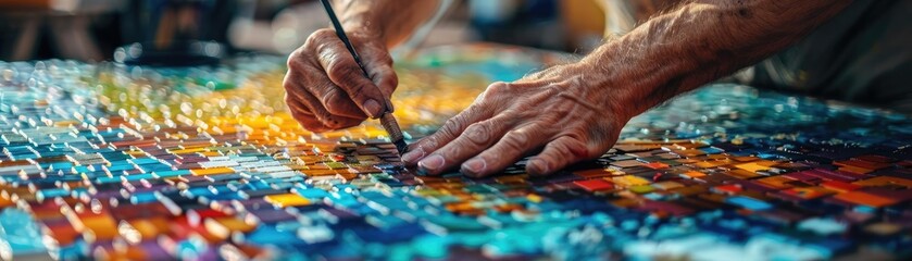 Obraz premium DIY enthusiast creating a mosaic tabletop with colorful tiles, illustrating artistic and intricate craftsmanship