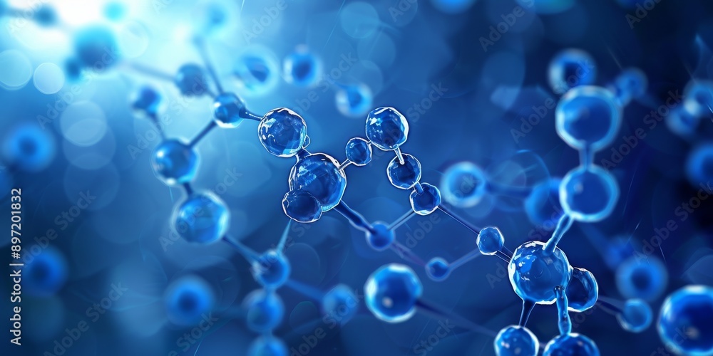 Poster blue molecular structure illustration showcasing interconnected elements for science and technology 