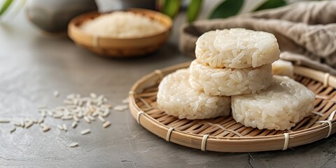 Fototapeta premium Stack of rice cakes on bamboo mat, rustic backdrop.