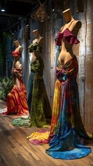Naklejka premium Tilted angle view of a stylish, eco-friendly fashion display, mannequins draped in organic hemp fabric, watercolor effect, vibrant colors, accentuating the sustainability theme, natural elements 