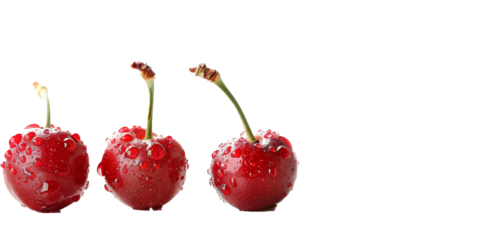 Three cherries are shown in a row, with one of them having a stem