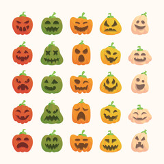 Colorful Halloween Pumpkins Different Faces Set isolated