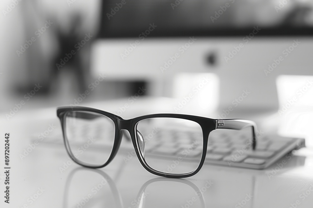 Poster black eyeglasses rest on a white keyboard in a modern office. a computer monitor is blurred in the b