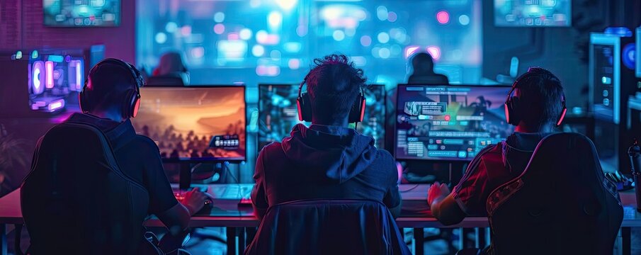 Friends hosting a LAN party with connected PCs, representing the social aspect of gaming