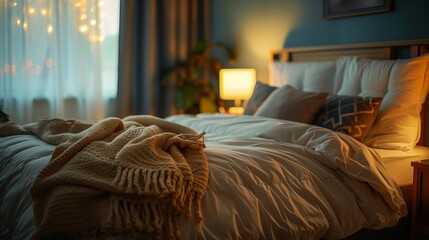 A cozy bed in a dimly lit room, inviting for sleep