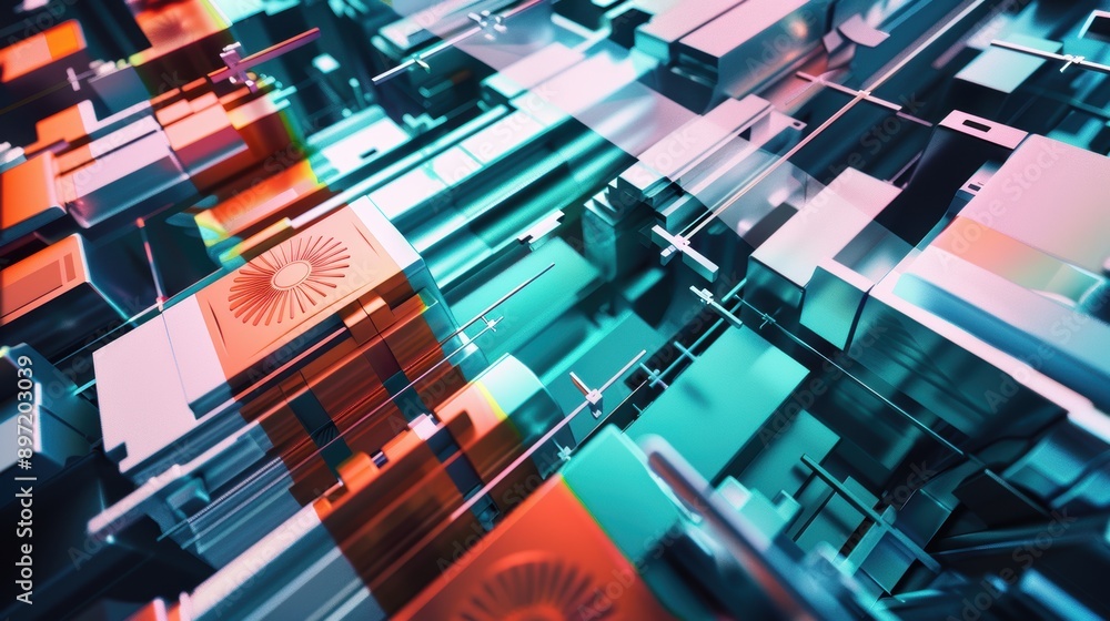 Poster complex web of metal parts intertwining to form a futuristic and technological atmosphere