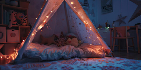 Glamping Sleepover: A cozy tent set up in a girl's bedroom, decorated with fairy lights and stuffed animals.