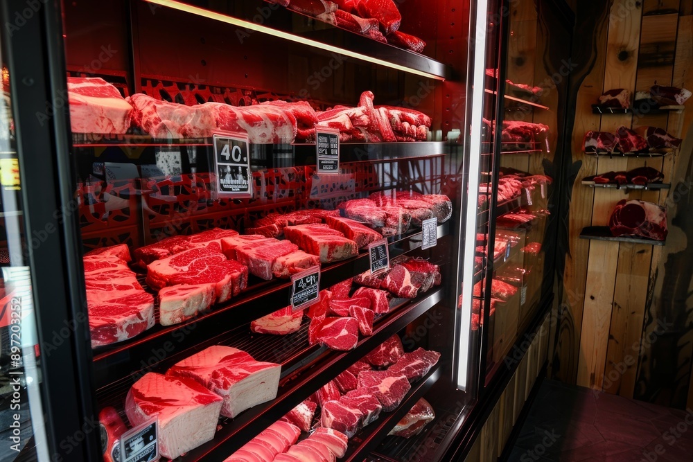 Aufkleber refrigerated display case filled with cuts of fresh meat illuminated with red light in a butcher sho