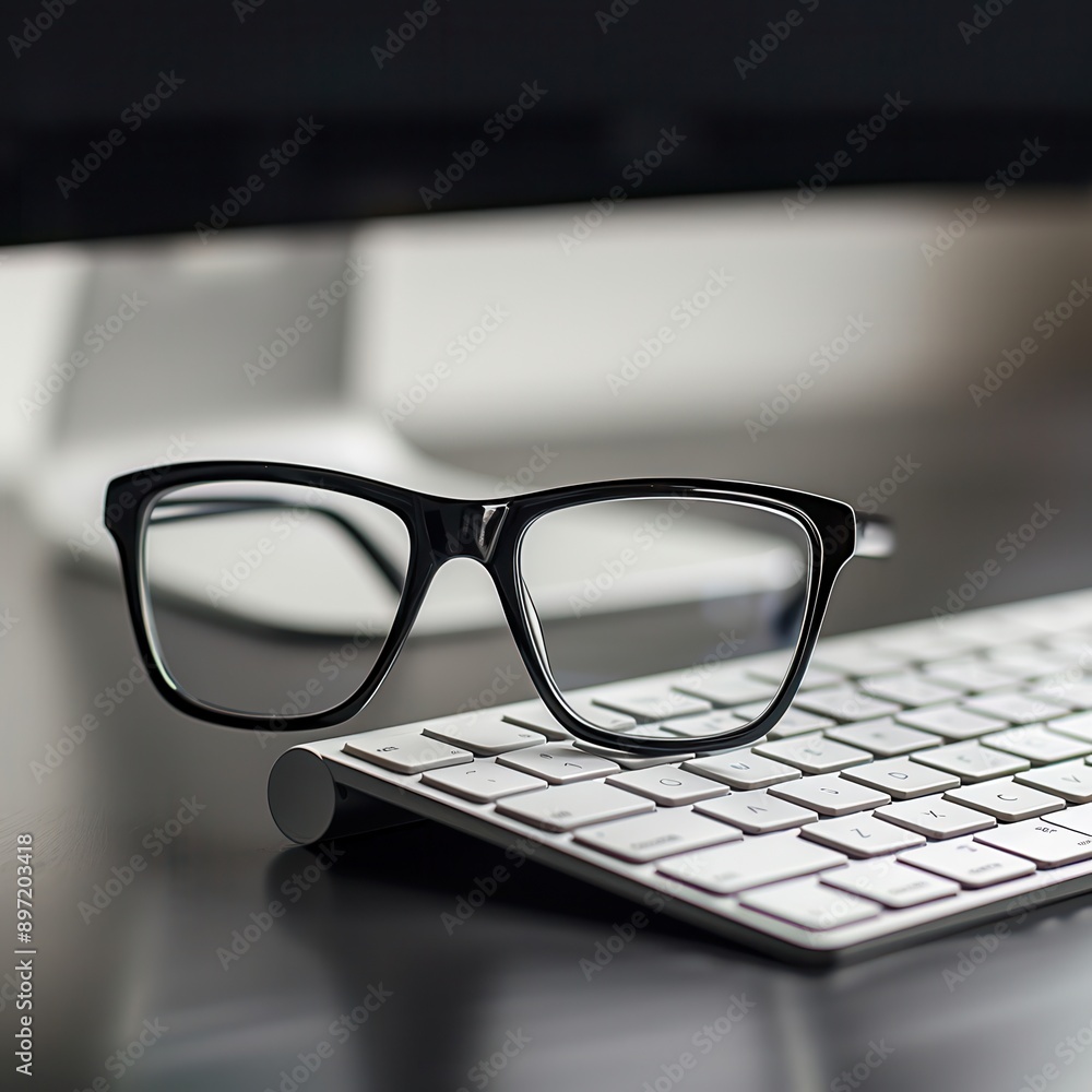 Poster Black eyeglasses sit on a white keyboard, with a computer monitor blurred in the background. Generative AI