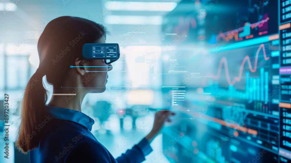 Poster a professional woman using an augmented reality interface, with floating digital screens displaying 
