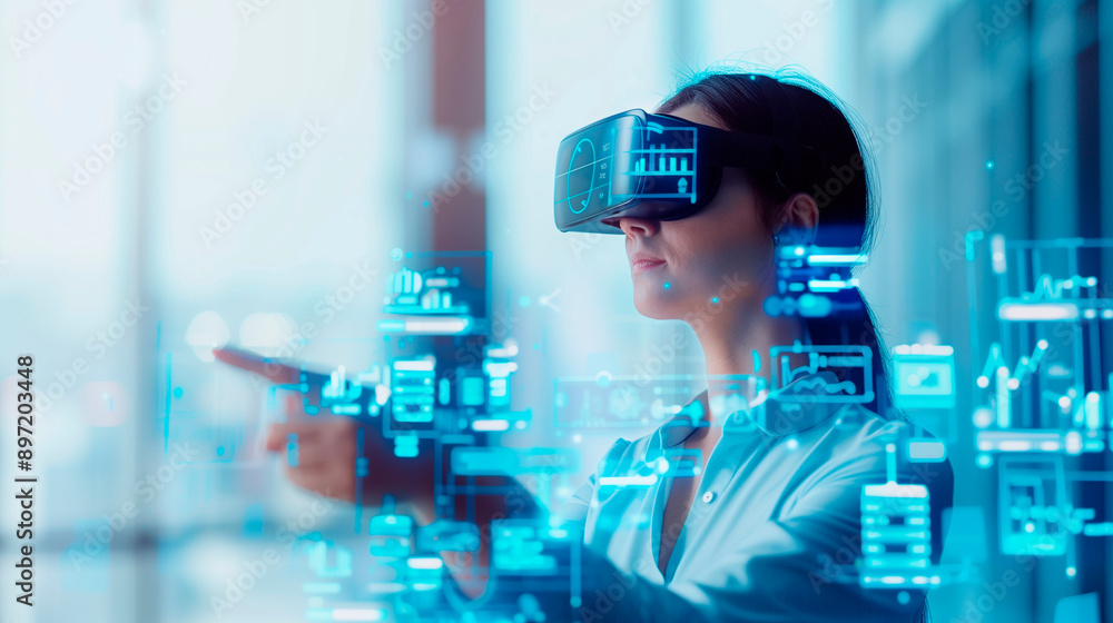 Poster a professional woman using an augmented reality interface, with floating digital screens displaying 