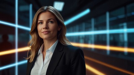 Confident businesswoman in modern office with futuristic background, showcasing professional attire and leadership presence.