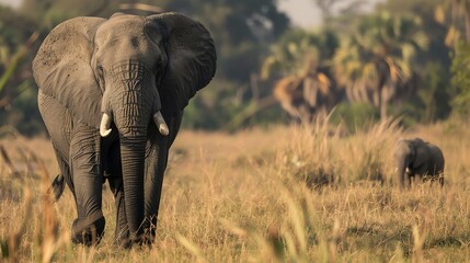 Fototapeta premium A large elephant walks towards the camera in tall grass, with a smaller elephant in the distance.