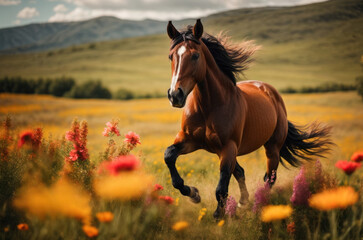 A beautiful racing horse gallops through picturesque nature, capturing freedom and grace in movement