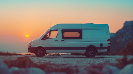 Van parked against a vibrant sunset backdrop in a picturesque landscape.