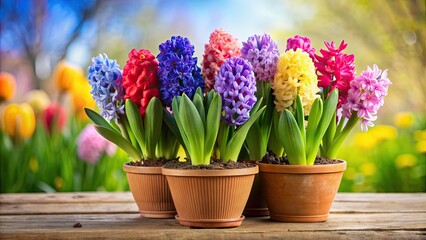 Vibrant hyacinths blooming in a pot , Spring, flowers, gardening, potted plants, colorful, fragrant, botanical, indoor