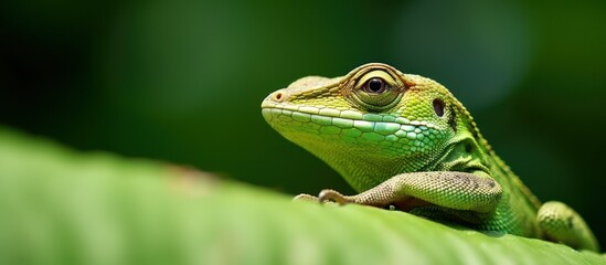 Fototapeta premium Close-up of a Green Lizard on a Leaf