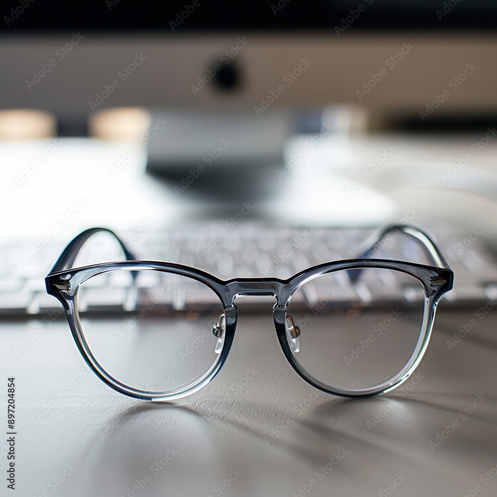 Poster eyeglasses with a clear frame rest on a clean, white desk surface in front of a blurry computer keyb