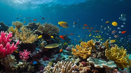 Vibrant Marine Life Underwater in a Coral Reef Ecosystem Featuring Diverse Aquatic Species and Stunning Ocean Colors