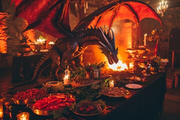 Fototapeta premium A dragon statue sits atop a table covered in a variety of food items, Fantasy dragon themed birthday party for a fiery celebration, AI Generated