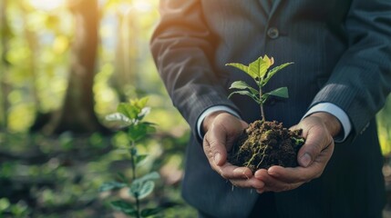 Environmental protection concept, businessman hand hold sapling, analyze investment sustainability, sustainable development, climate change, green energy recycle, Net zero. 
