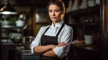 Fototapeta premium Female chef in traditional kitchen attire,