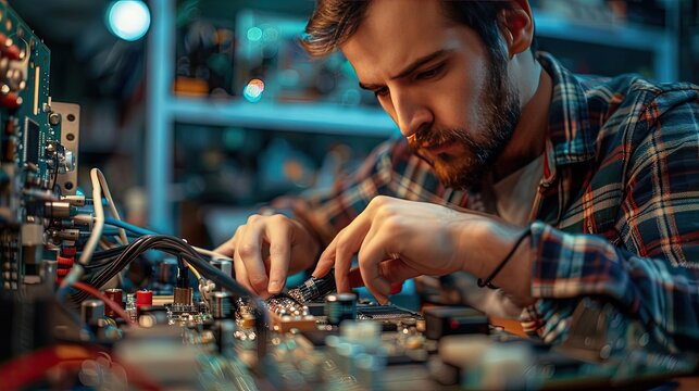 Person building a DIY electronics project, such as a homemade speaker or a robot, illustrating tech-savvy craftsmanship
