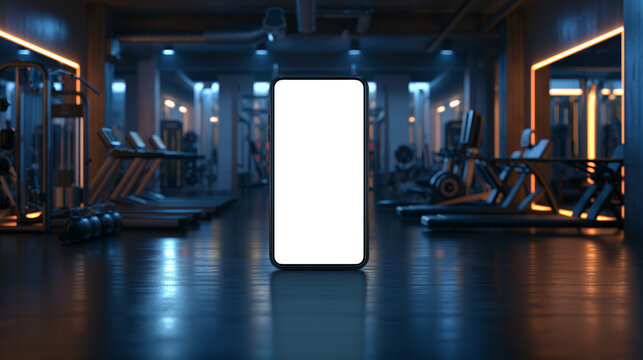 Smartphone mockup with blank screen in modern dimly lit gym..